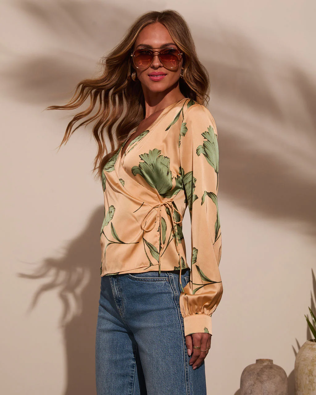 Sunlit Tropics Satin Surplice Top