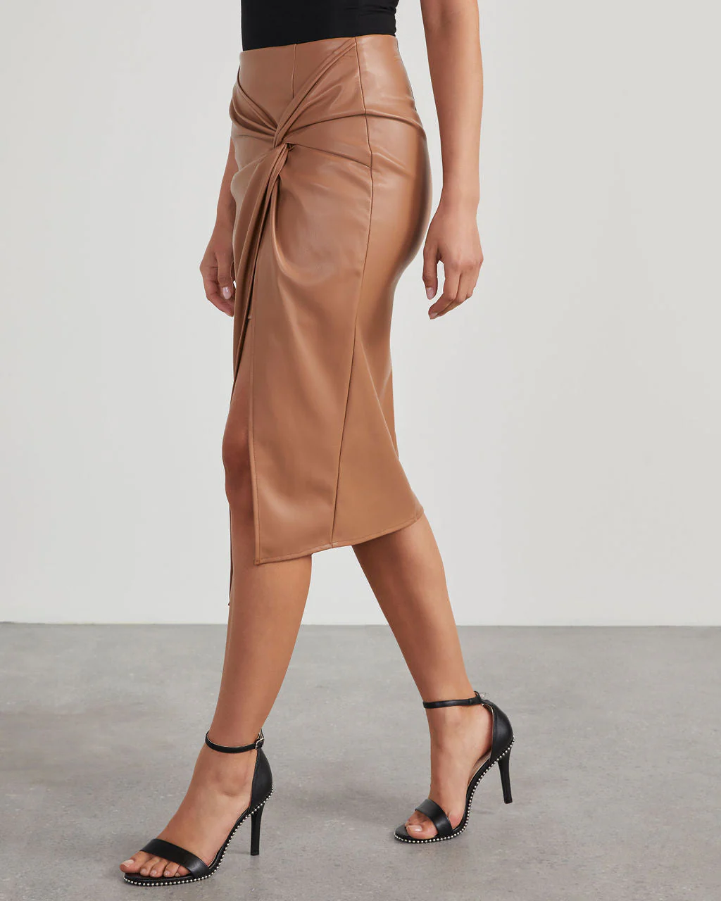 Like Wow Faux Leather Twisted Midi Skirt