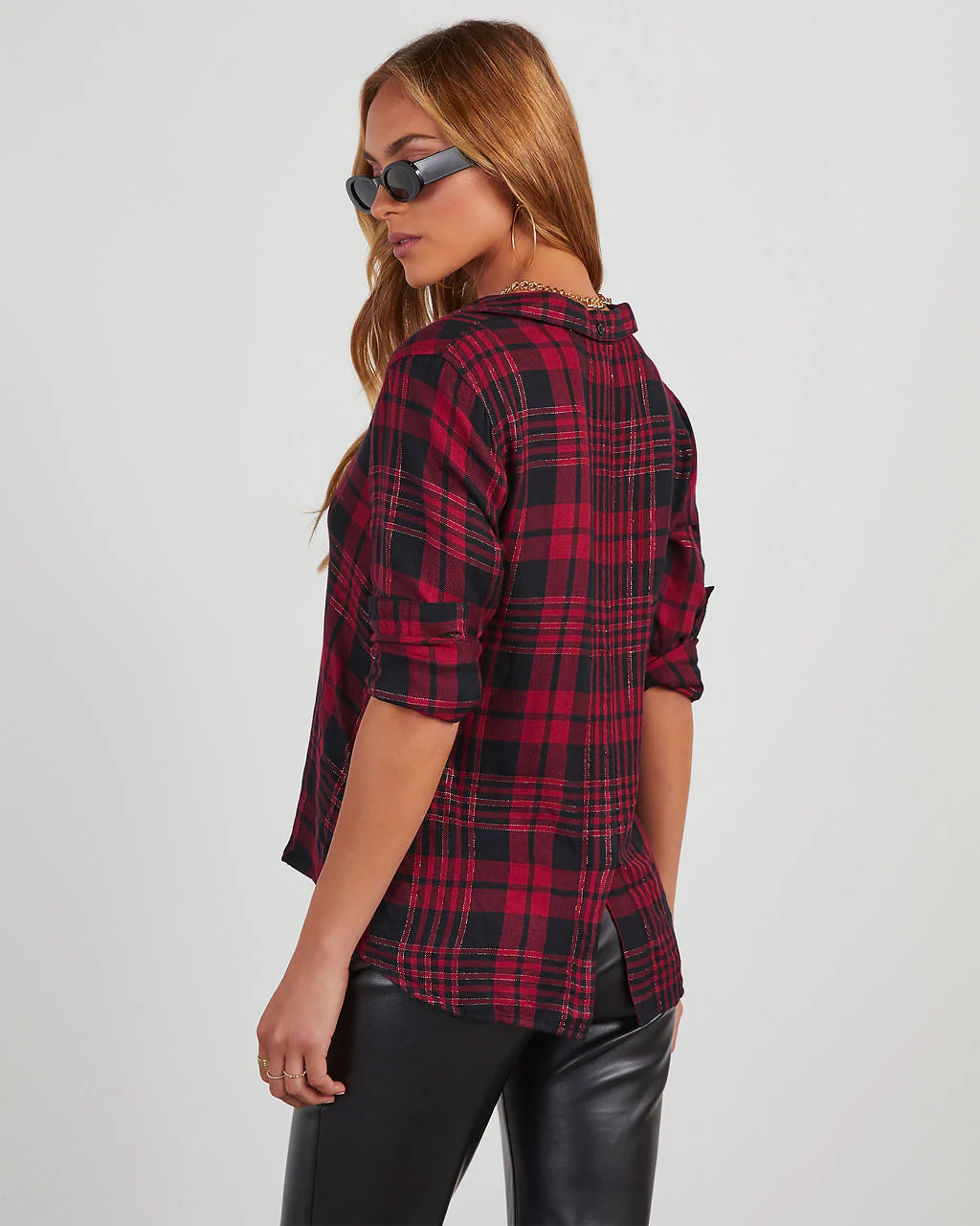 Sully Metallic Plaid Button Down Top