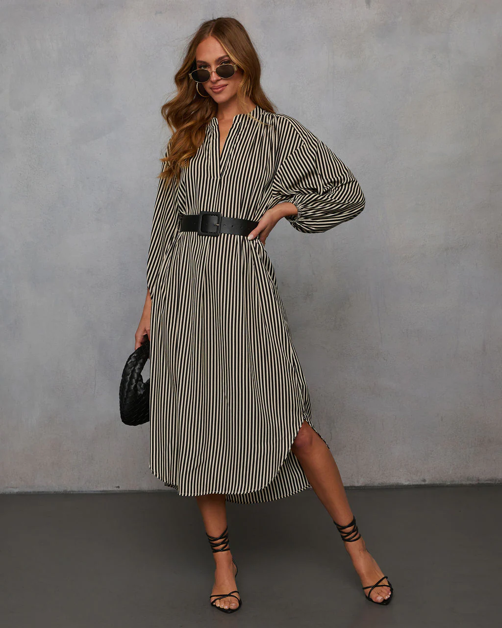 Dimarco Striped Pocketed Belted Midi Dress