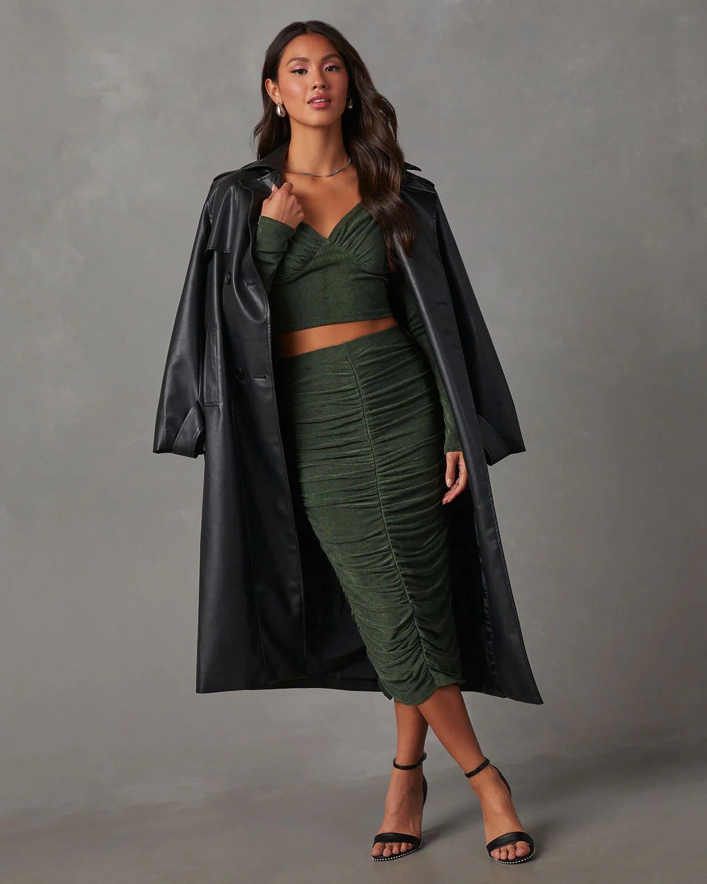 Weekend Vibes Ruched Slinky Midi Skirt