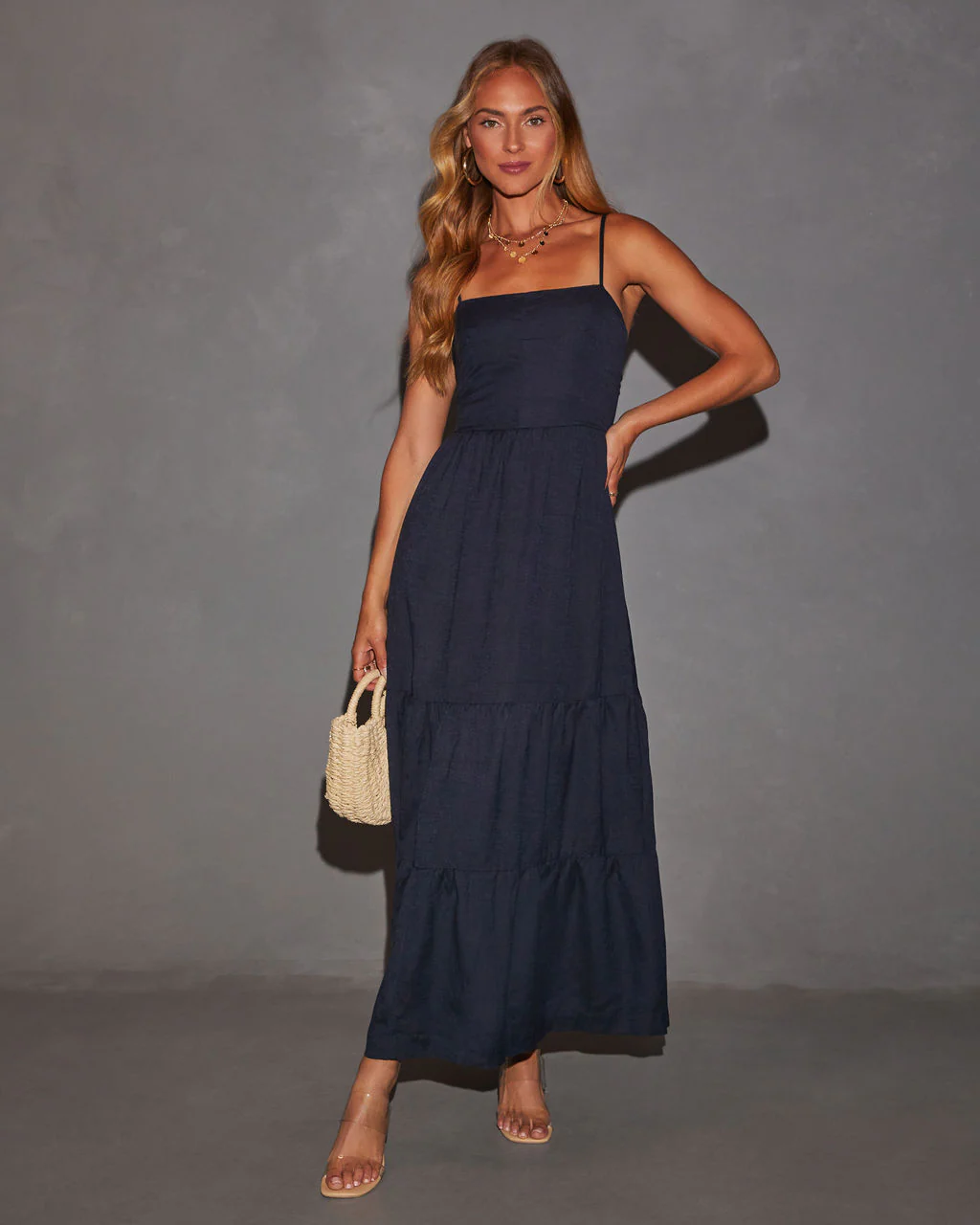 Darlene Linen Tiered Back Cutout Maxi Dress