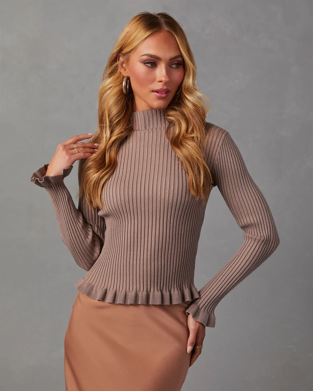 Bevelle Mock Neck Ruffle Hem Sweater