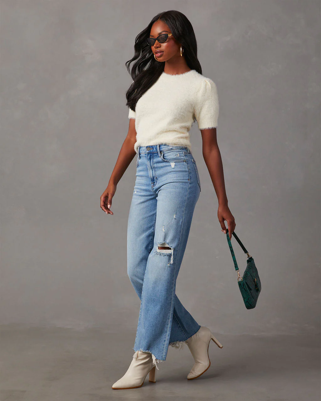 Emanuelle Fuzzy Short Sleeve Sweater Top