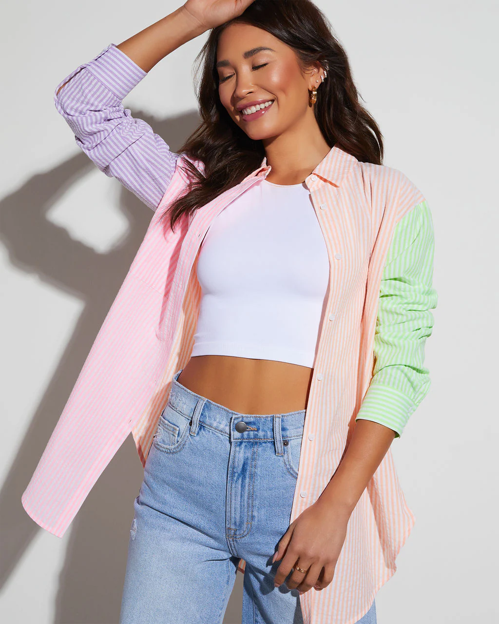 Blakelyn Cotton Blend Striped Colorblock Button Down Top