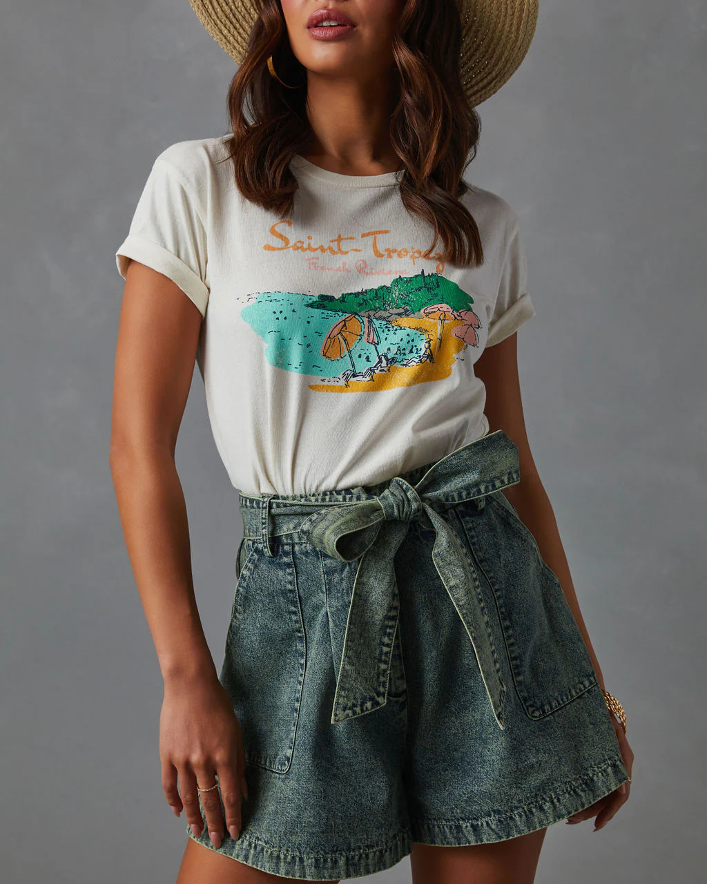 Milena Tie Waist Pocketed Acid Wash Shorts