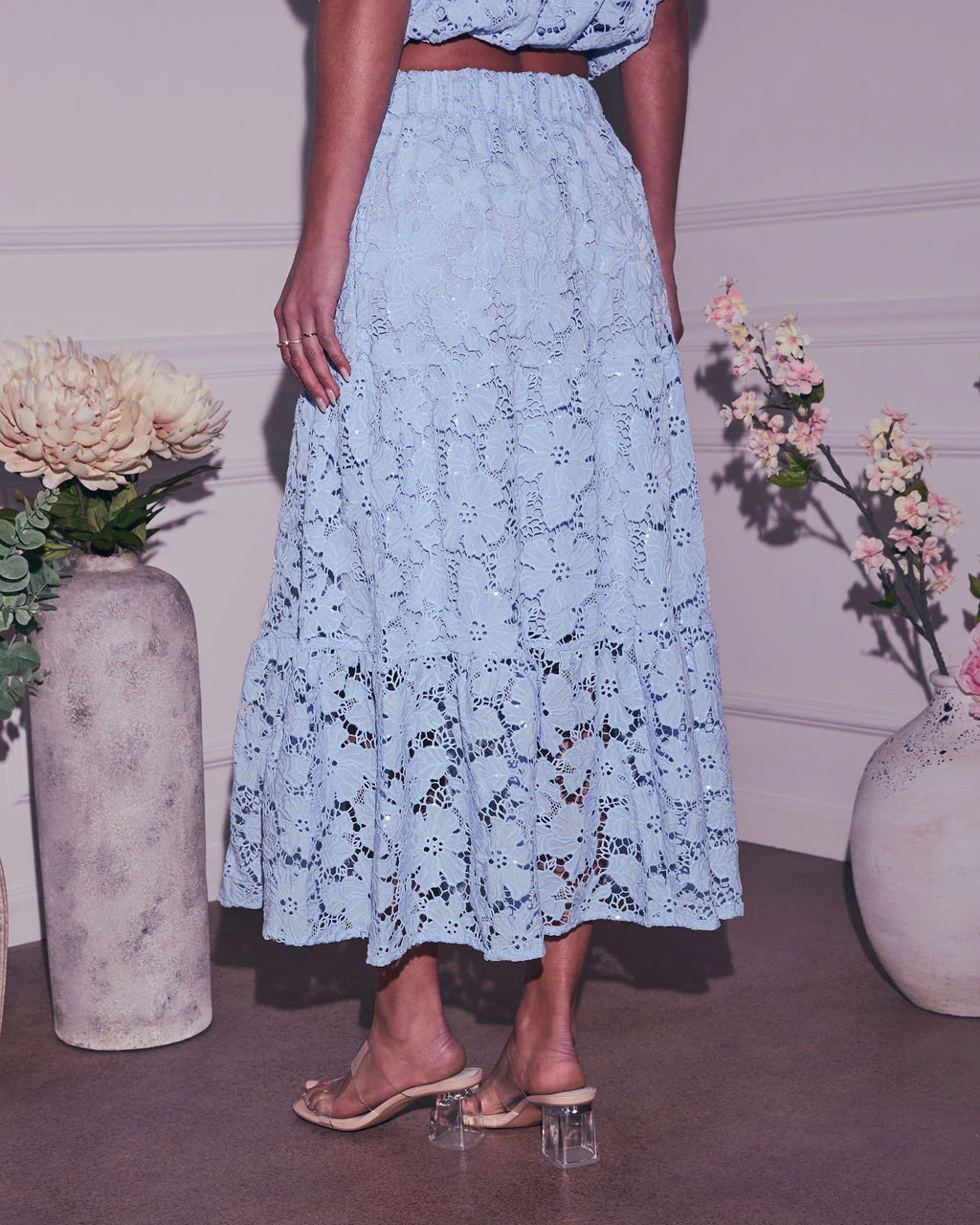 Morning Dew Floral Lace Midi Skirt