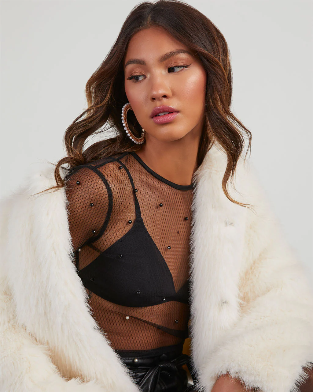 Nita Pearl Embellished Mesh Top