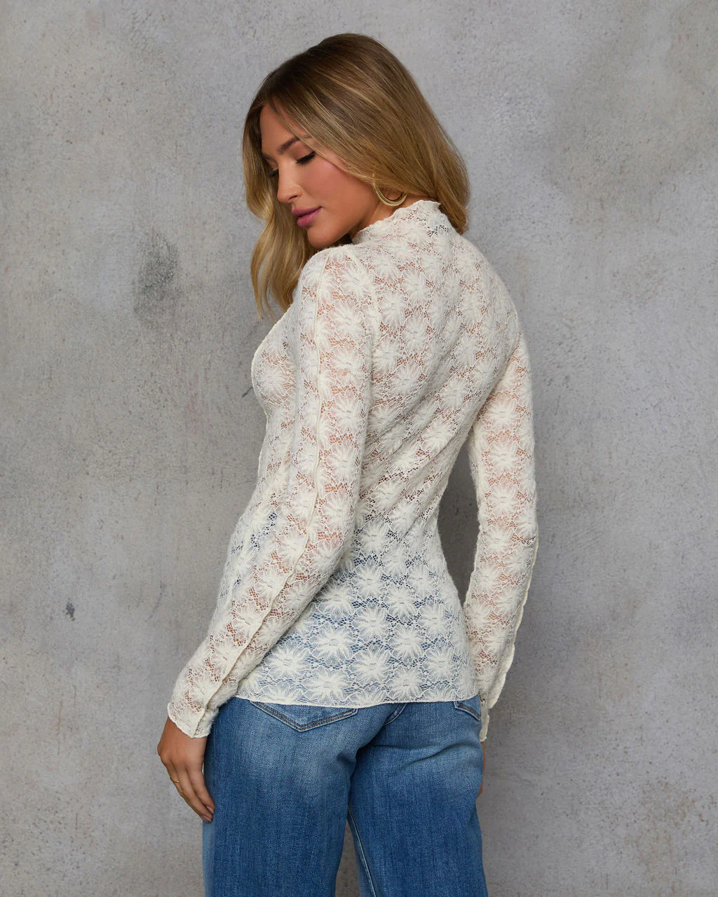 For Keeps Sheer Lace Mock Neck Top