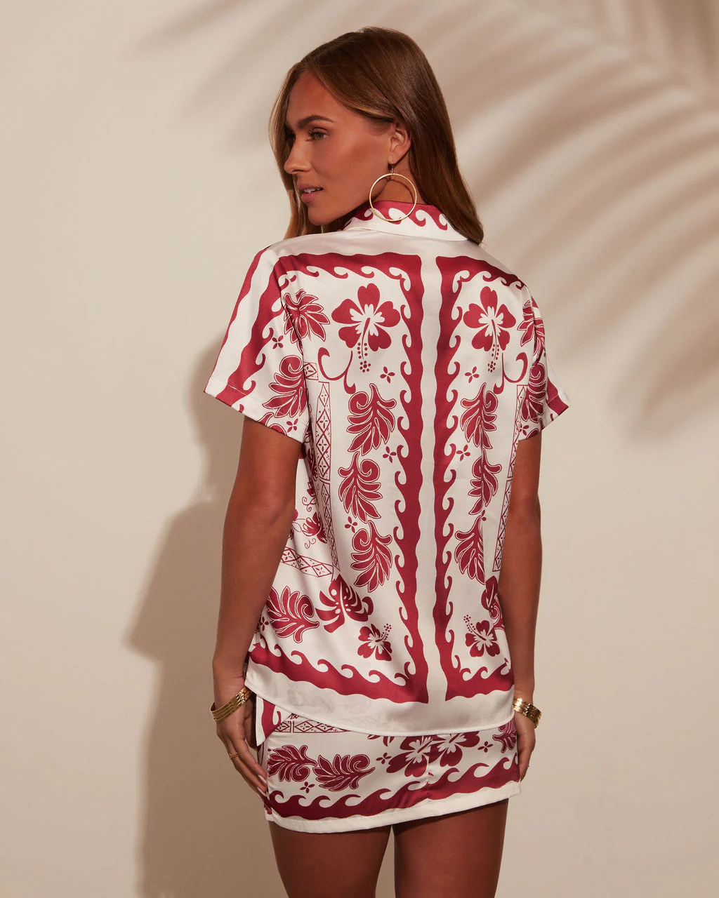 Fiesta del Sol Printed Satin Short Sleeve Blouse
