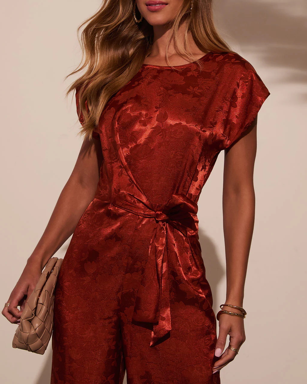 Jackie Satin Jacquard Waist Tie Jumpsuit