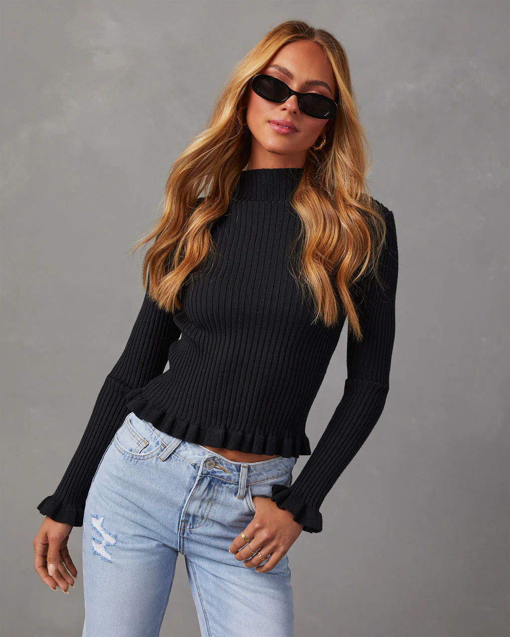 Bevelle Mock Neck Ruffle Hem Sweater
