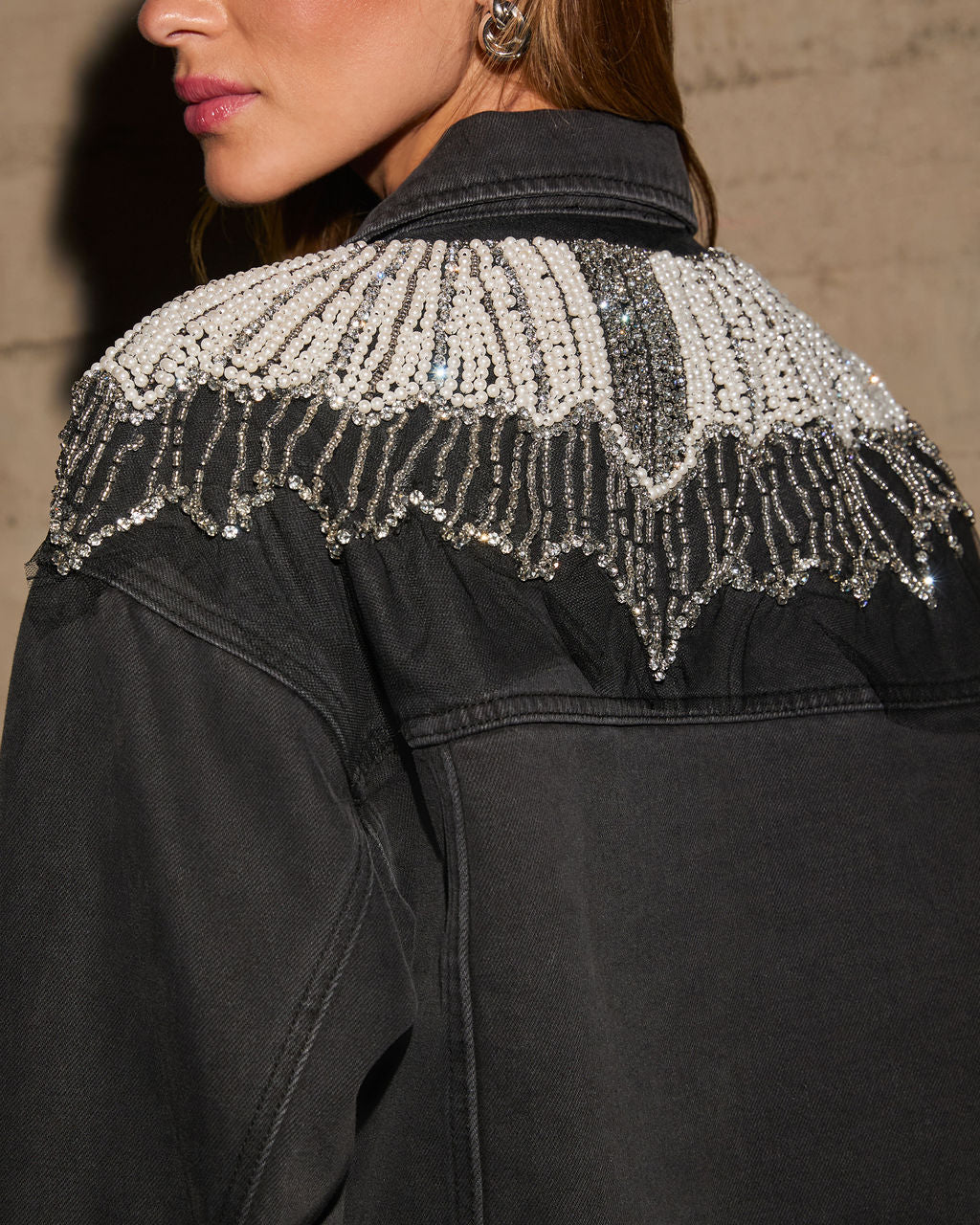 Delanie Pearl & Rhinestone Denim Jacket