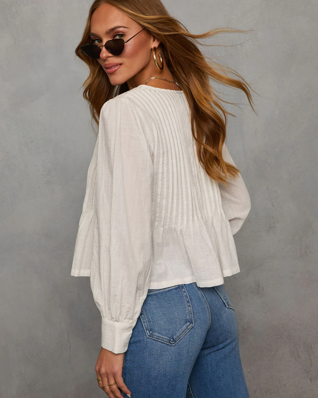 Love Lost Front Tie Pleated Peasant Blouse