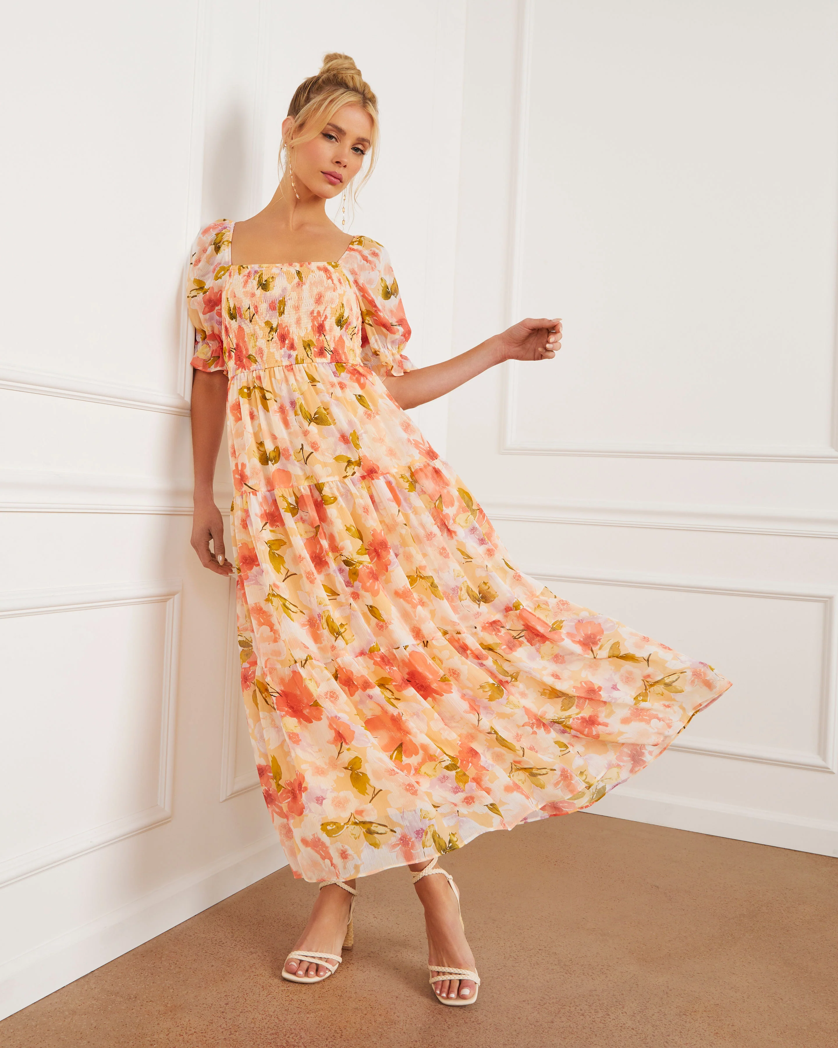 Floral Fantasy Skies Smocked Tiered Puff Sleeve Maxi Dress