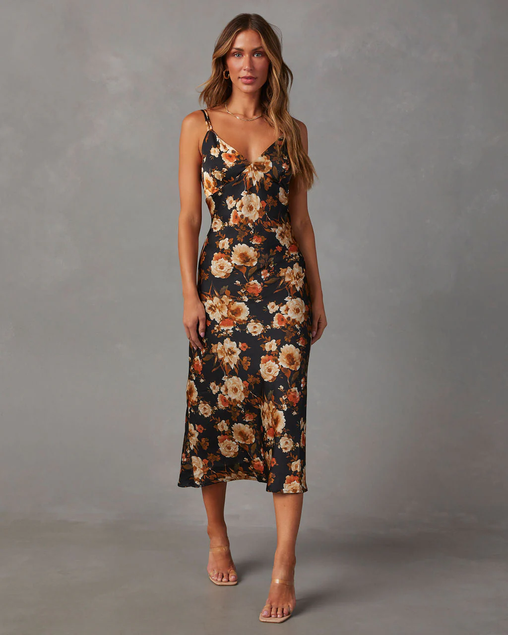 Sweet Sunflower Satin Floral Midi Dress