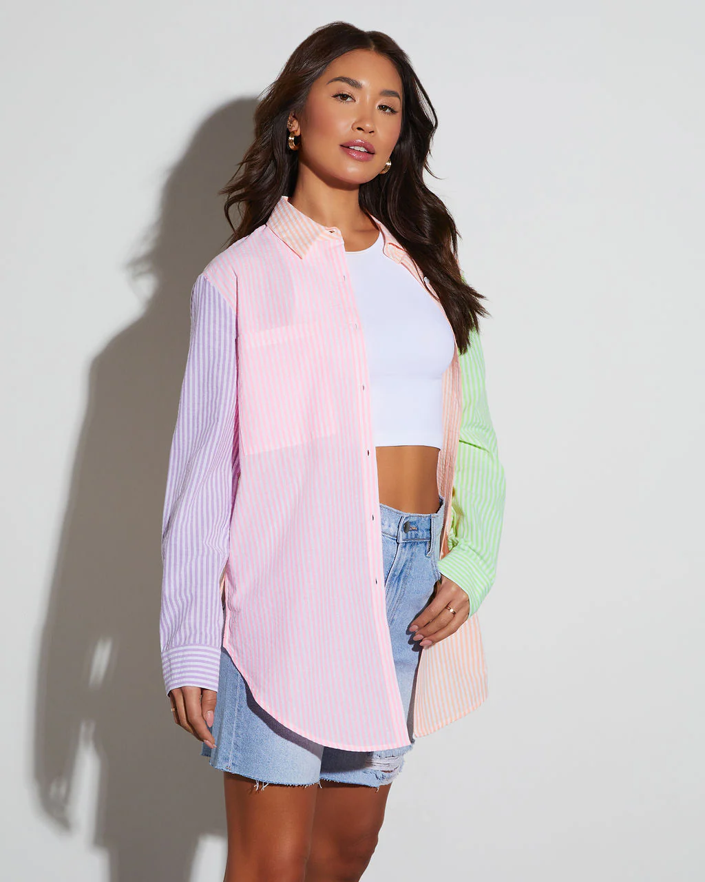Blakelyn Cotton Blend Striped Colorblock Button Down Top