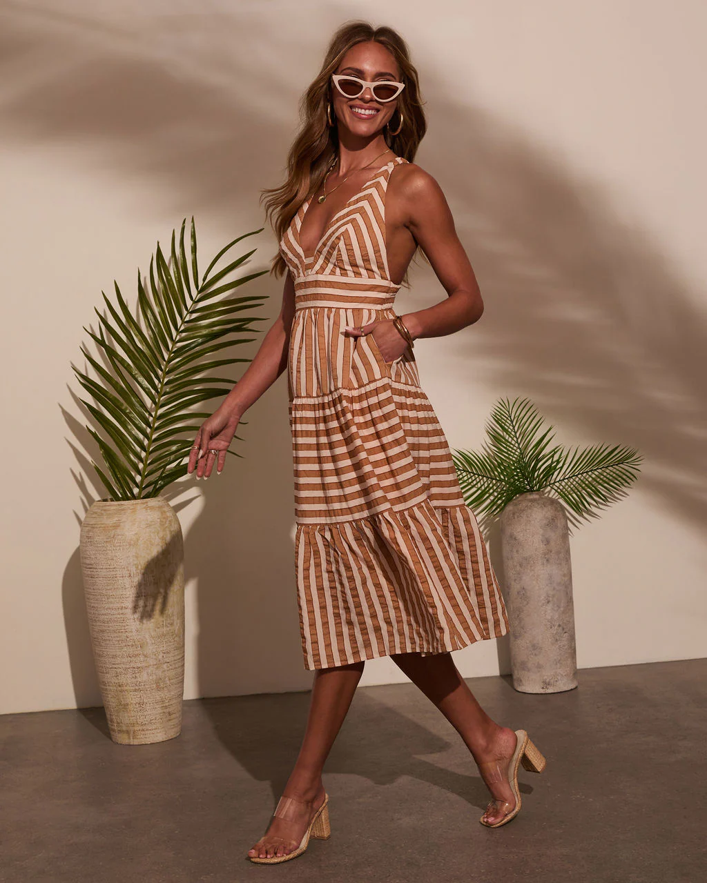 Elly Striped V Neck Midi Dress