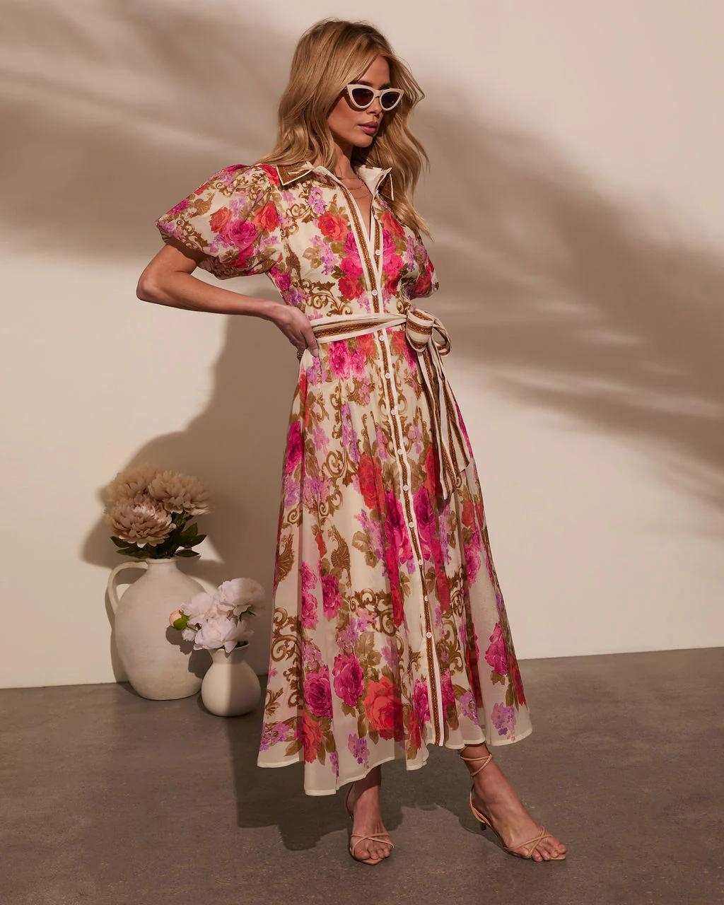 Meadowlane Floral Waist Tie Midi Dress