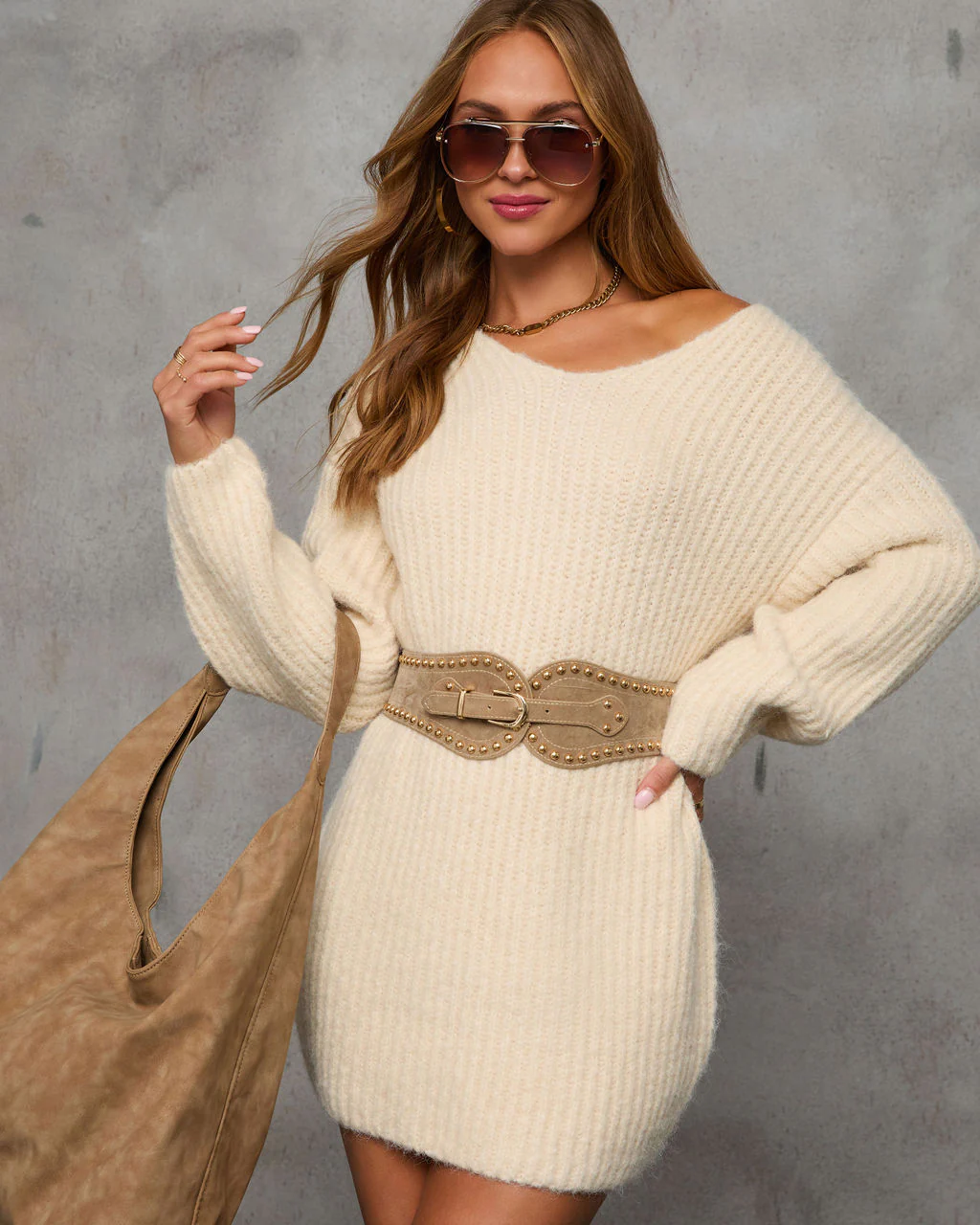 Cozy Threads V Neck Mini Sweater Dress