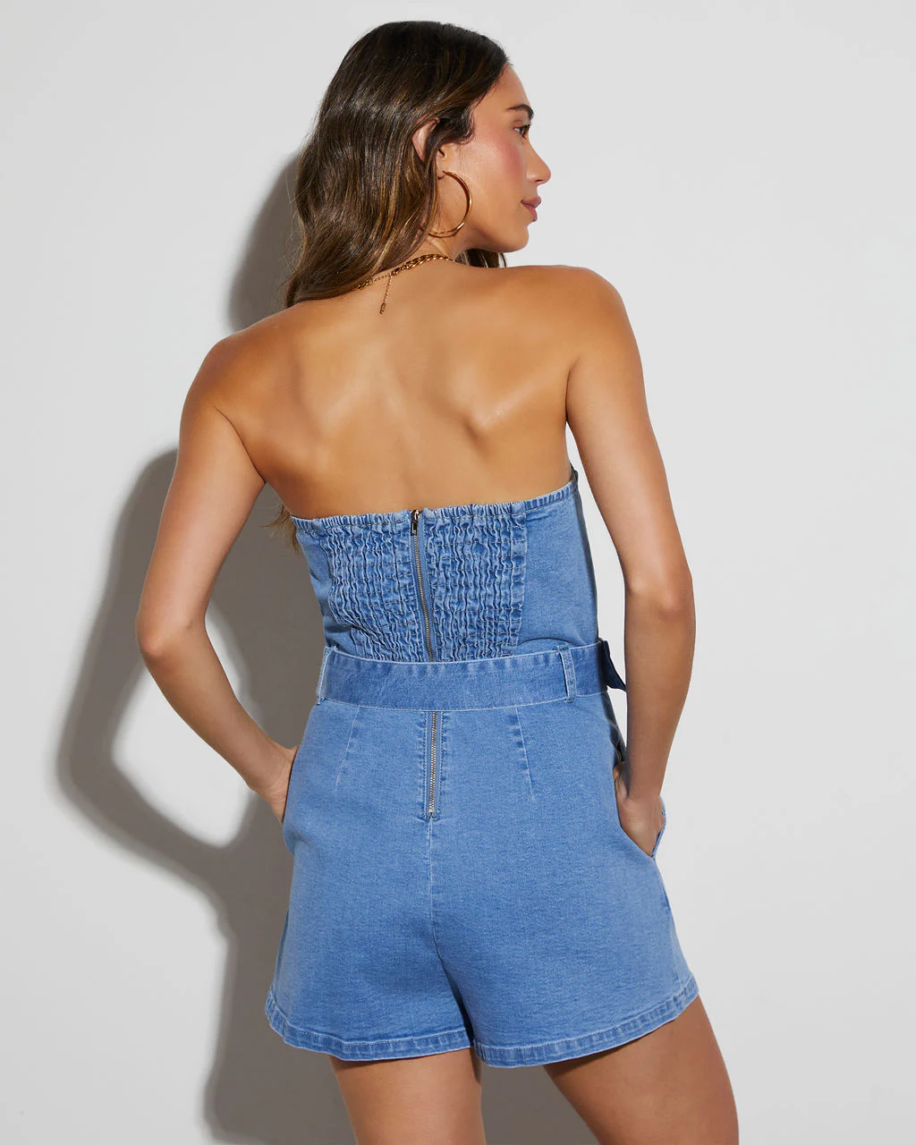Ezra Strapless Belted Denim Romper