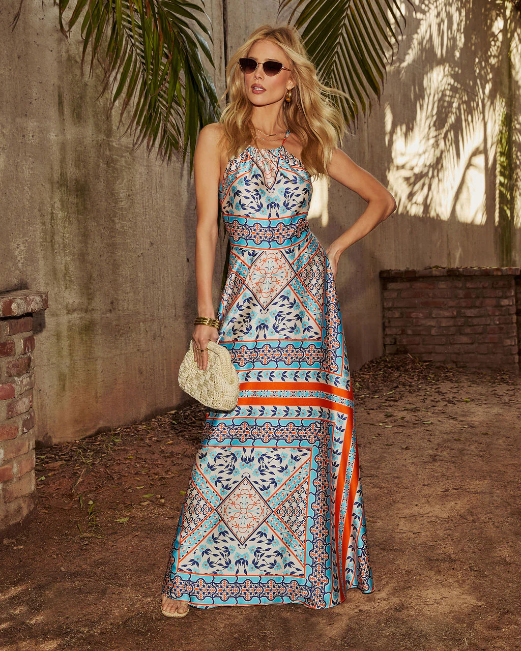 Valia Abstract Slip Halter Maxi Dress