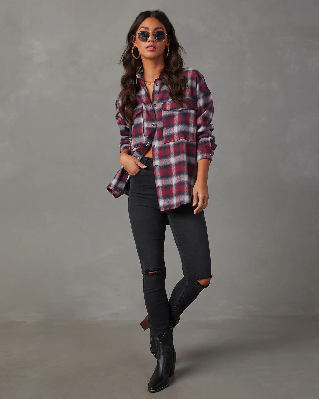 Petaluma Cotton Blend Plaid Button Down Top
