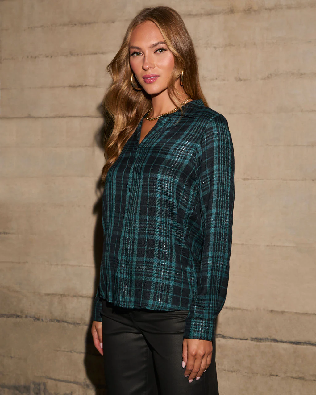 Sully Metallic Plaid Button Down Top