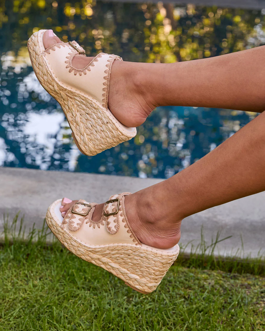 Roxanne Contrast Stitching Raffia Wedge Sandal