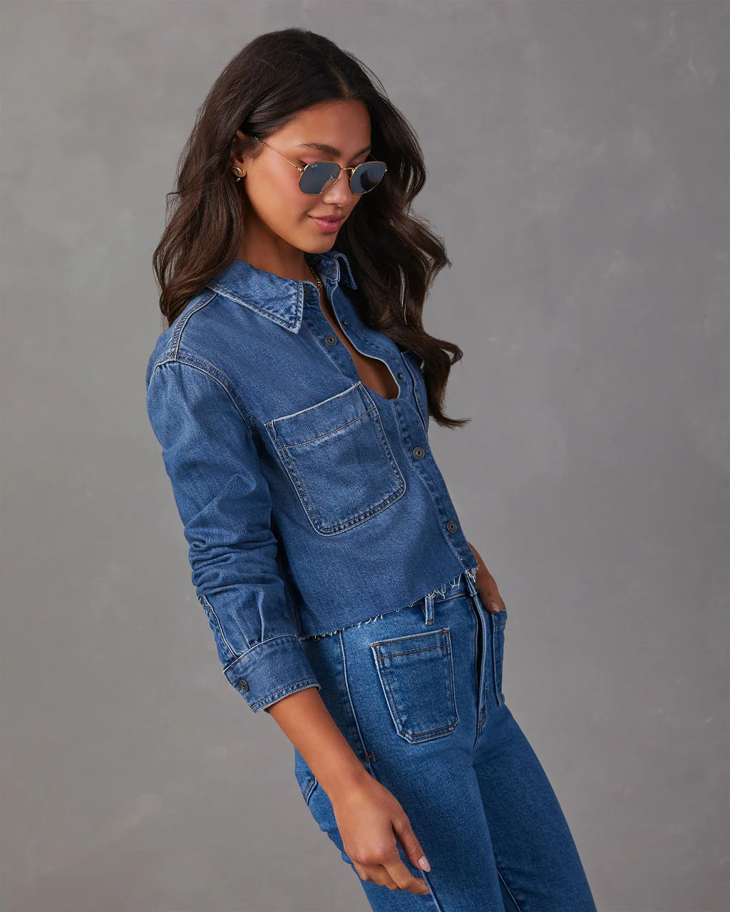 Jamie Cropped Denim Button Down Top