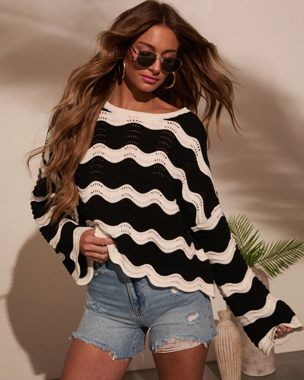 Janerio Wavy Striped Crochet Sweater
