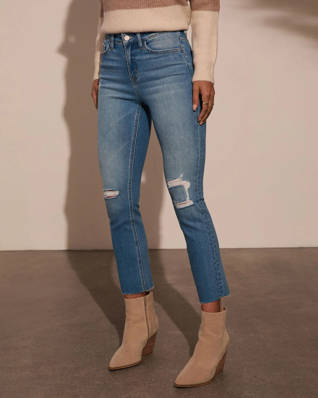 Jeanne High Rise Distressed Slim Straight Denim
