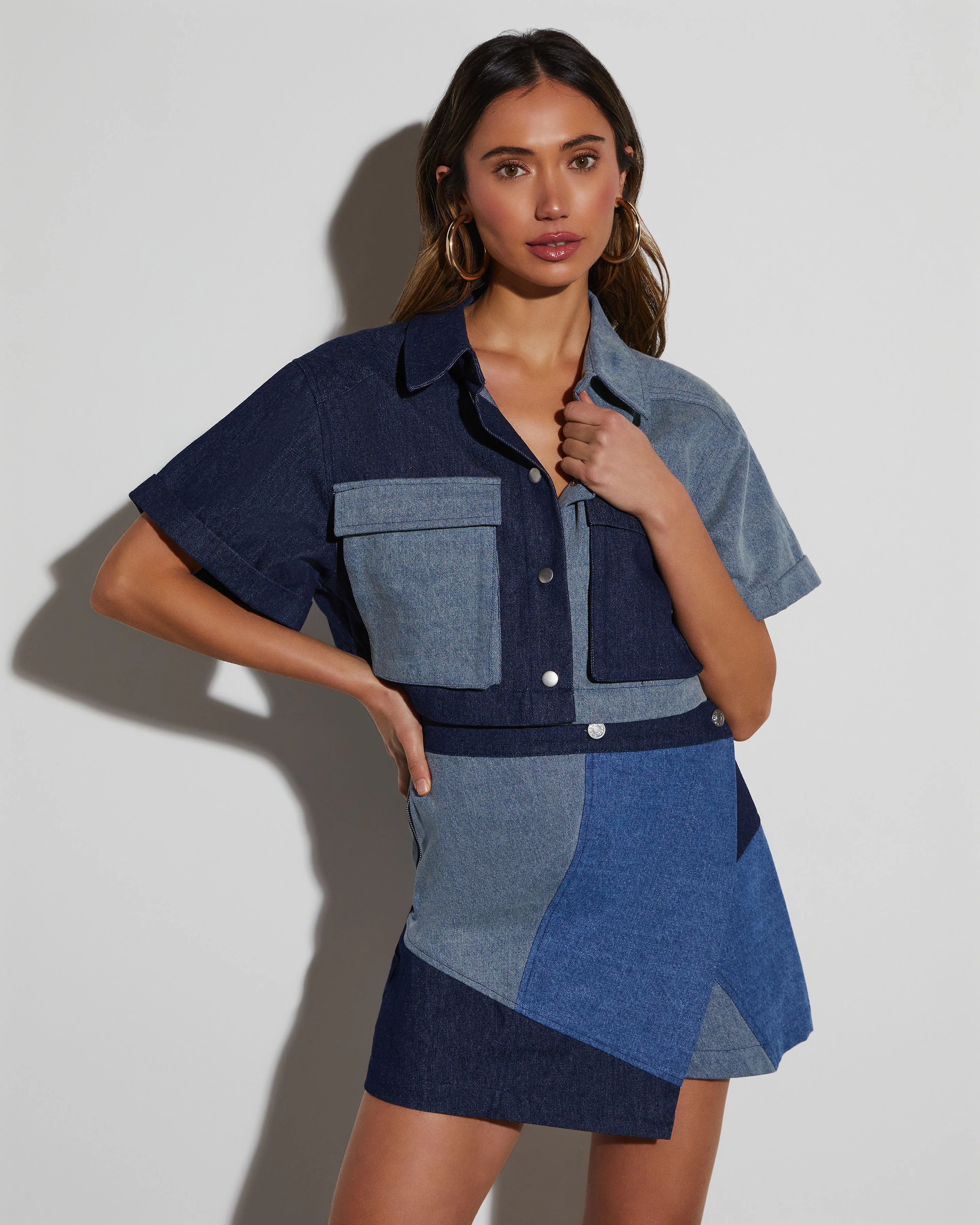 Coco Colorblock Denim Button Up Top