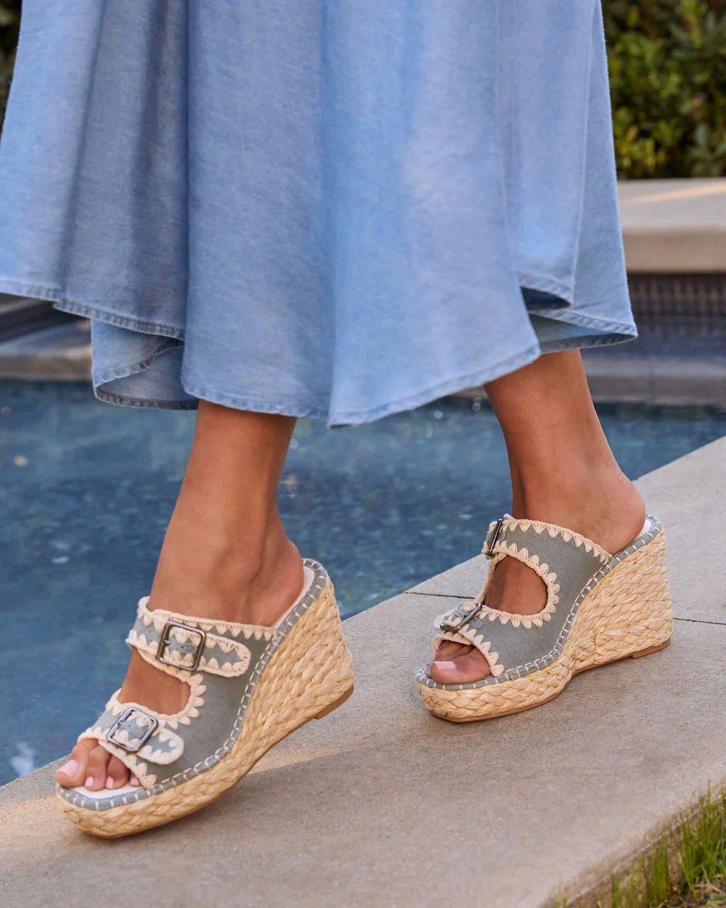 Roxanne Contrast Stitching Raffia Wedge Sandal