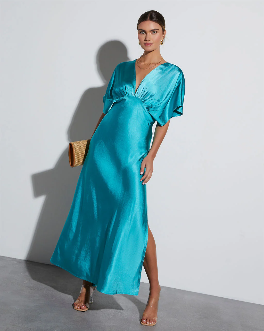 Theia Satin V-Neck Maxi Dress