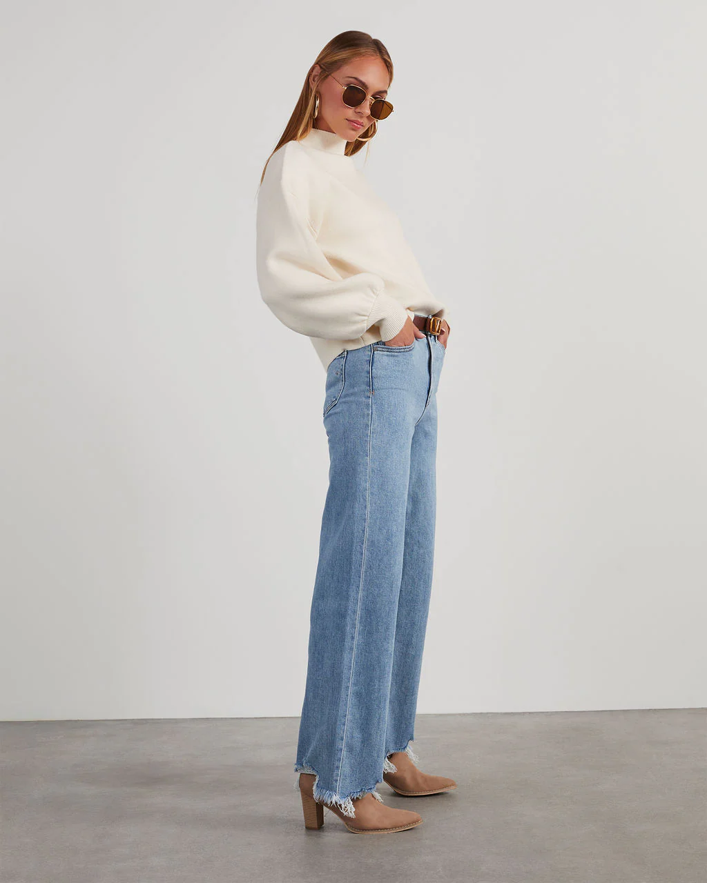 Mandy High Rise Stretch Frayed Wide Leg Jeans