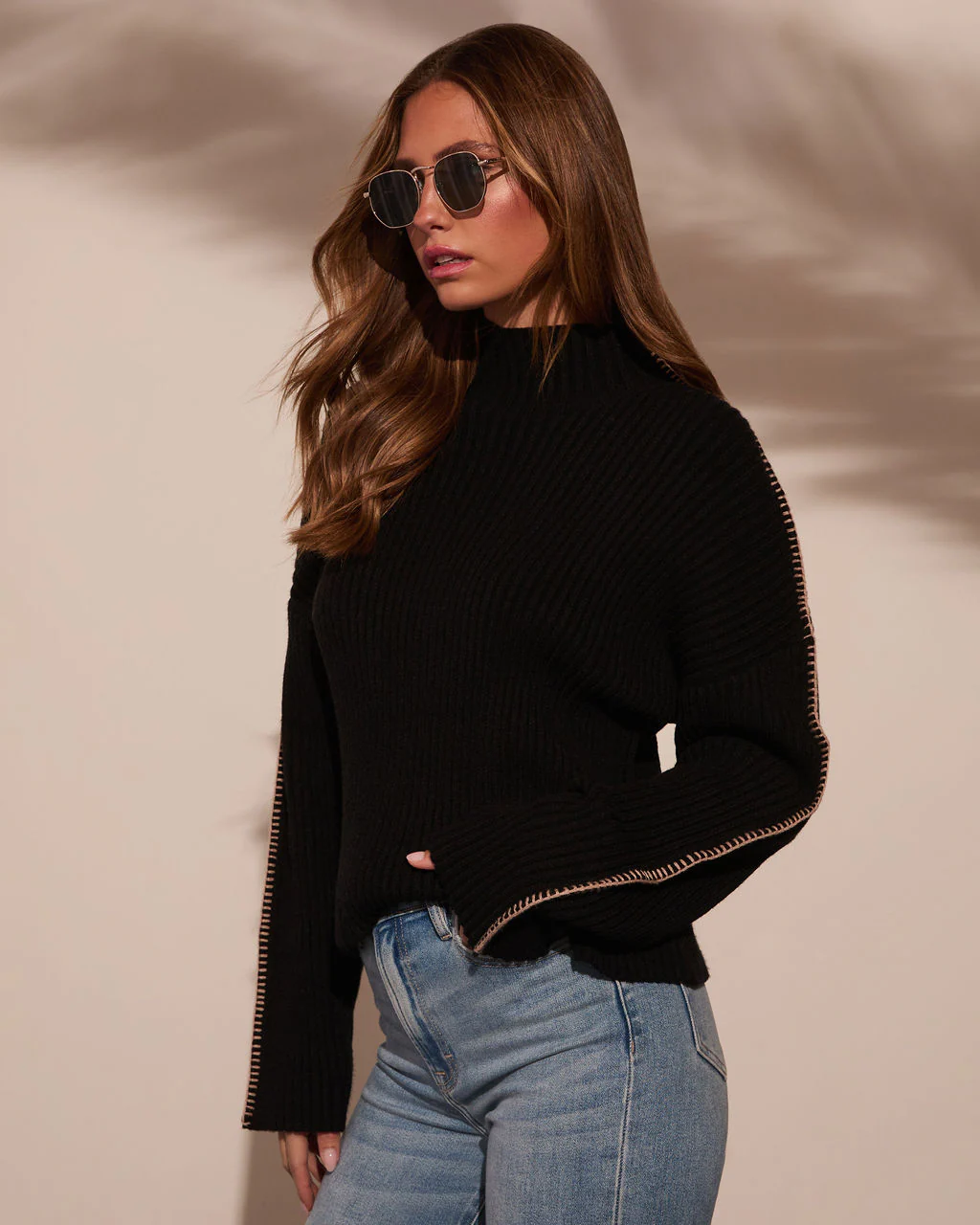 Anita Contrast Stitch Mock Neck Sweater