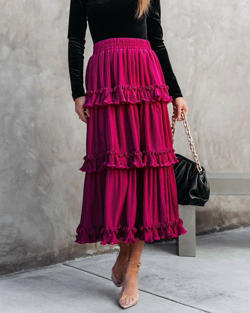 Nasreen Plisse Chiffon Tiered Maxi Skirt