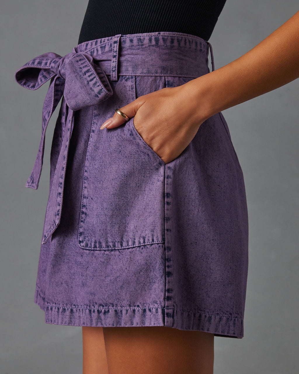 Milena Tie Waist Pocketed Acid Wash Shorts