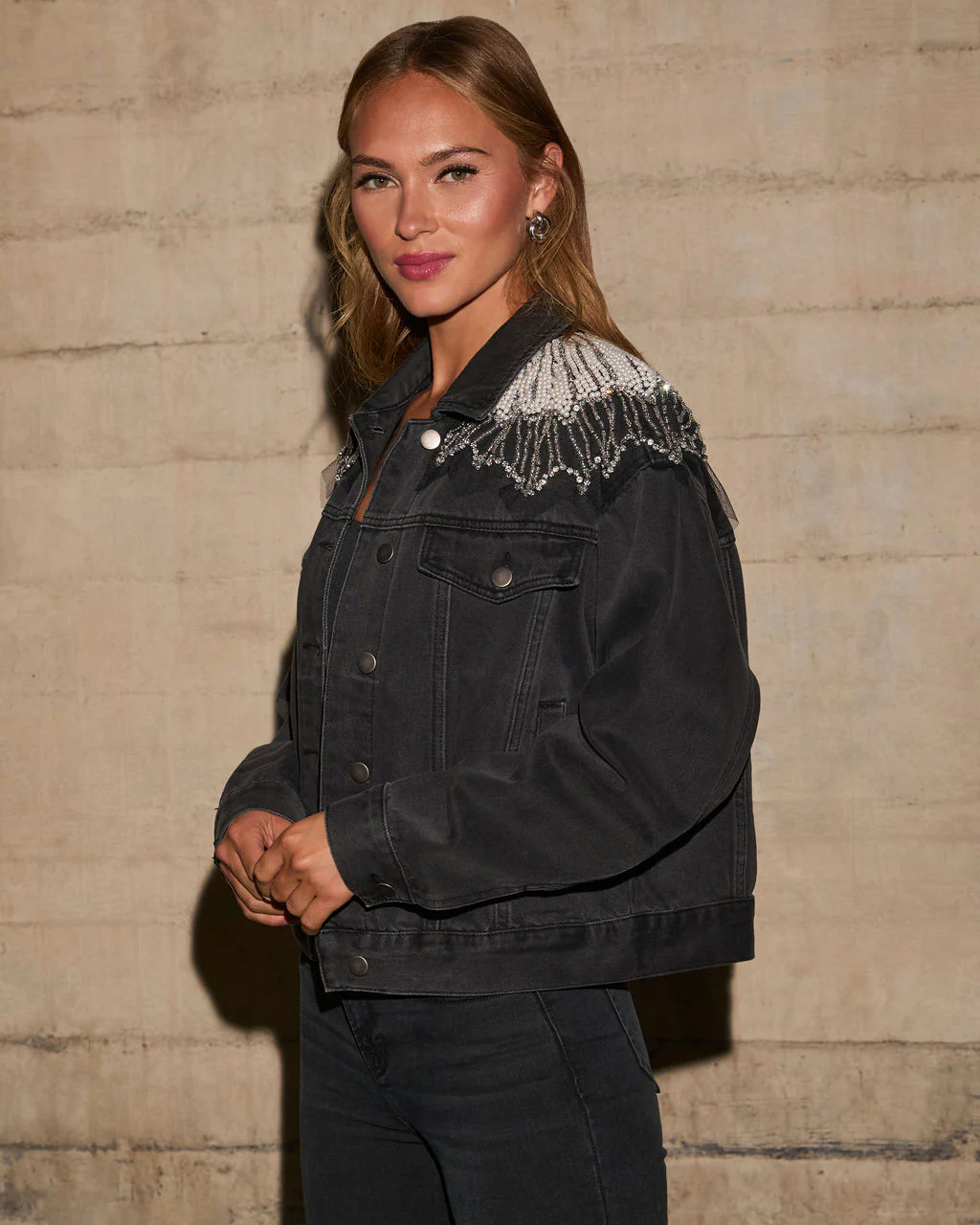 Delanie Pearl & Rhinestone Denim Jacket