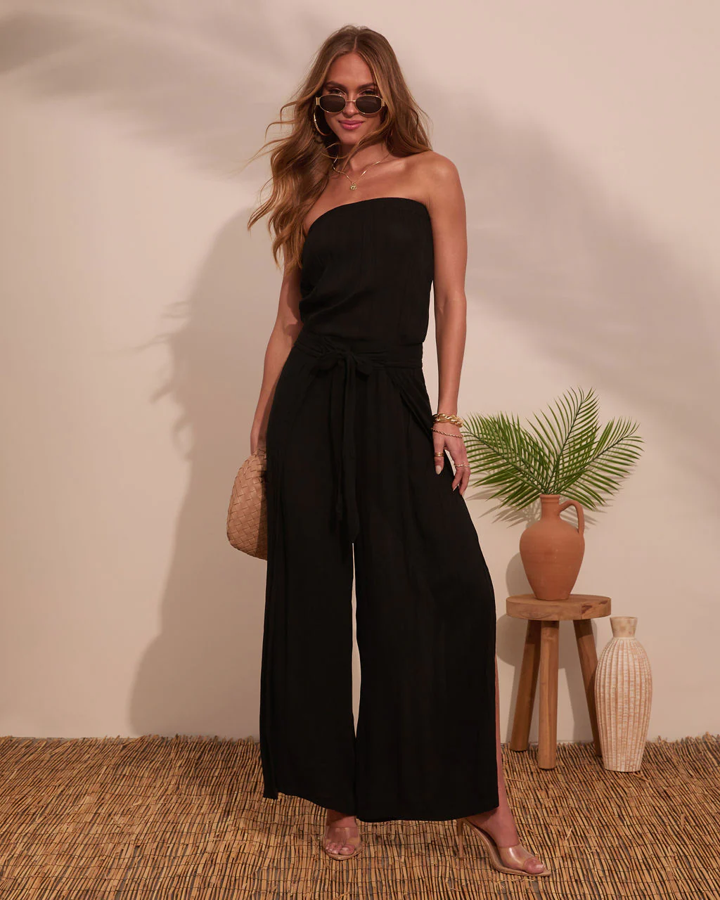 Coasting By Strapless Waist Tie Jumpsuit