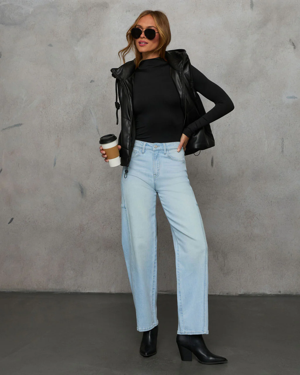 Shelton Pocketed Hooded Faux Leather Puffer Vest