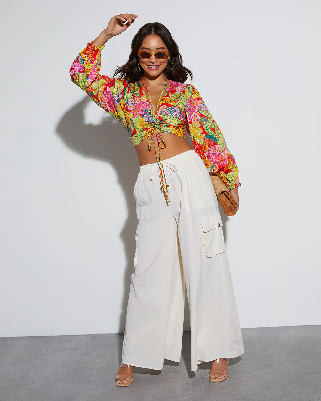 Kama Tropical Ruched Long Sleeve Top