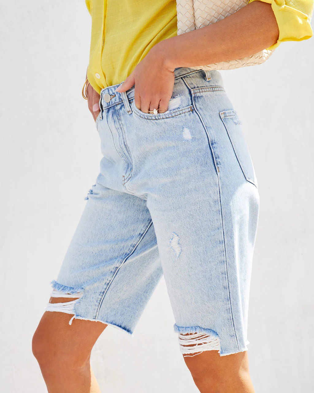 Haley High Rise Distressed Denim Bermuda Shorts