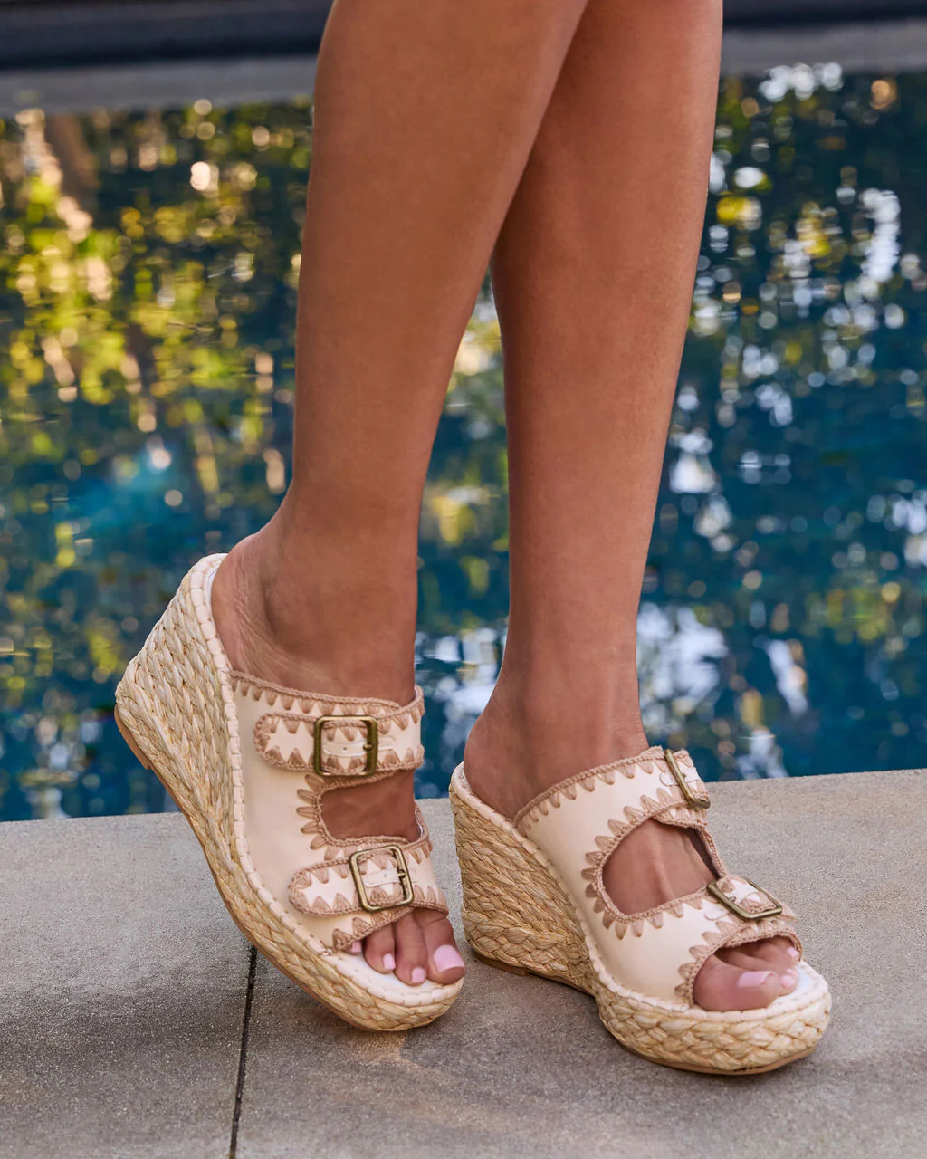 Roxanne Contrast Stitching Raffia Wedge Sandal