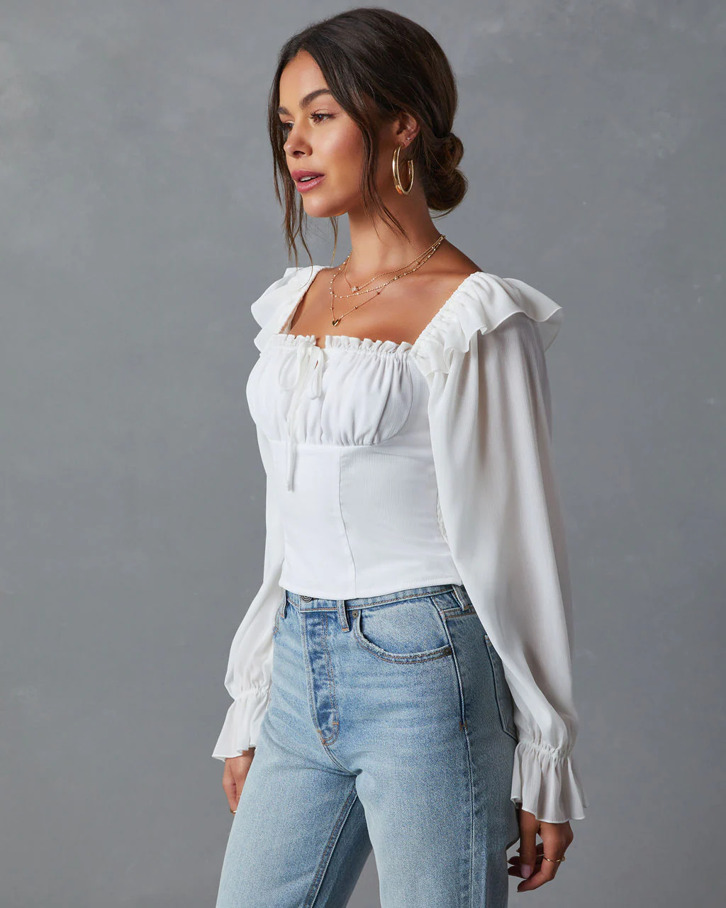 Julie Cropped Ruffle Shoulder Blouse