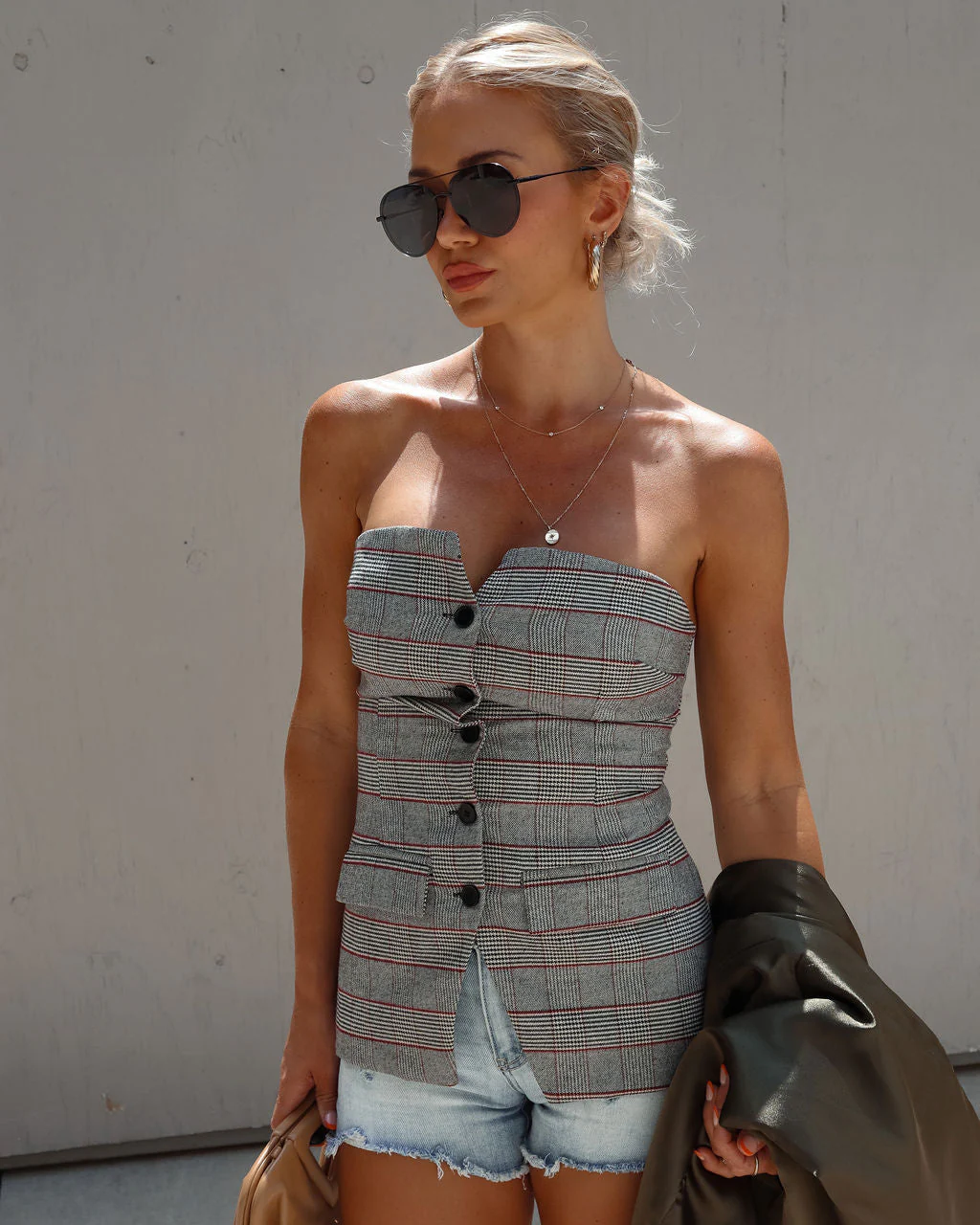 Arnaud Plaid Button Front Corset Top