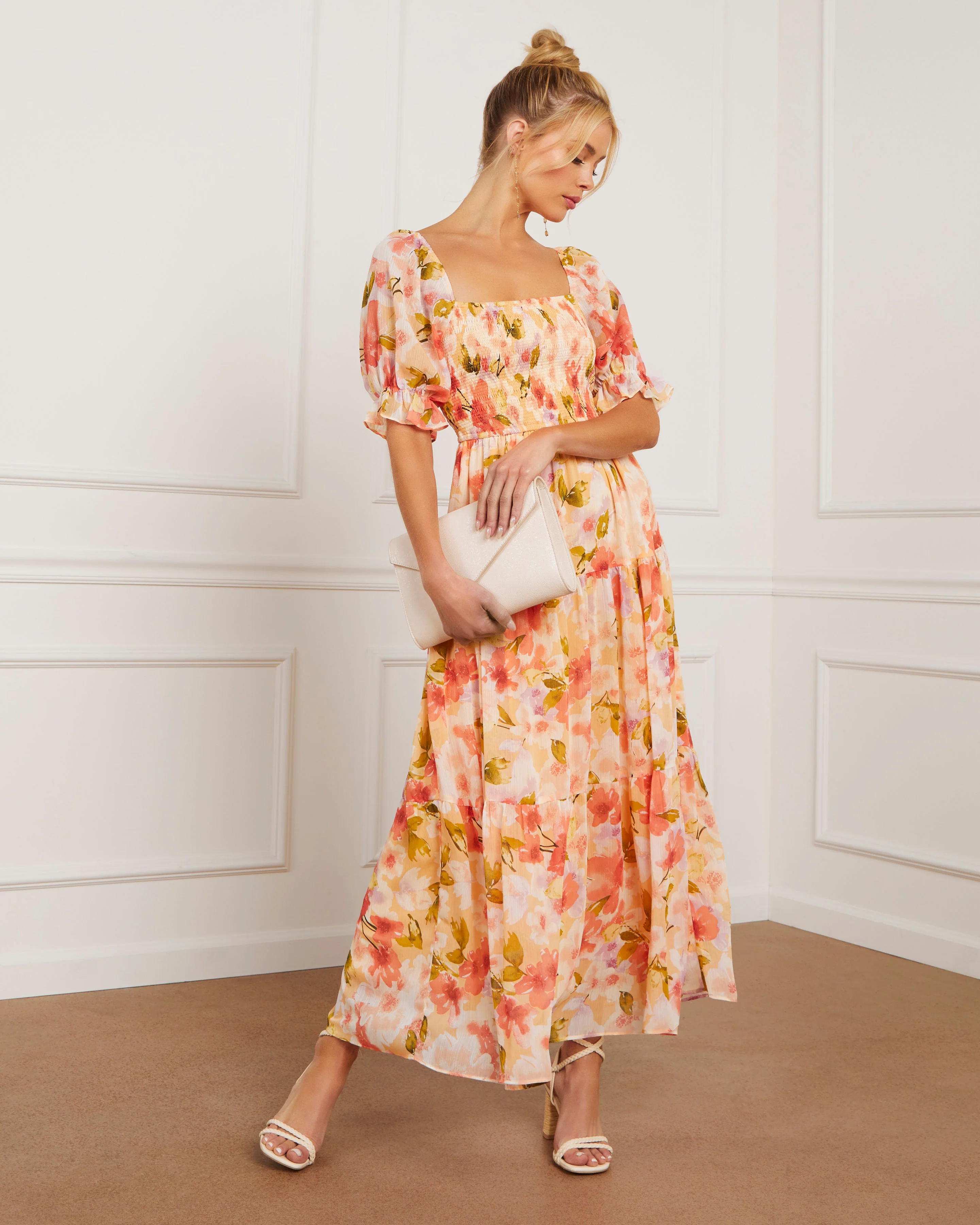 Floral Fantasy Skies Smocked Tiered Puff Sleeve Maxi Dress