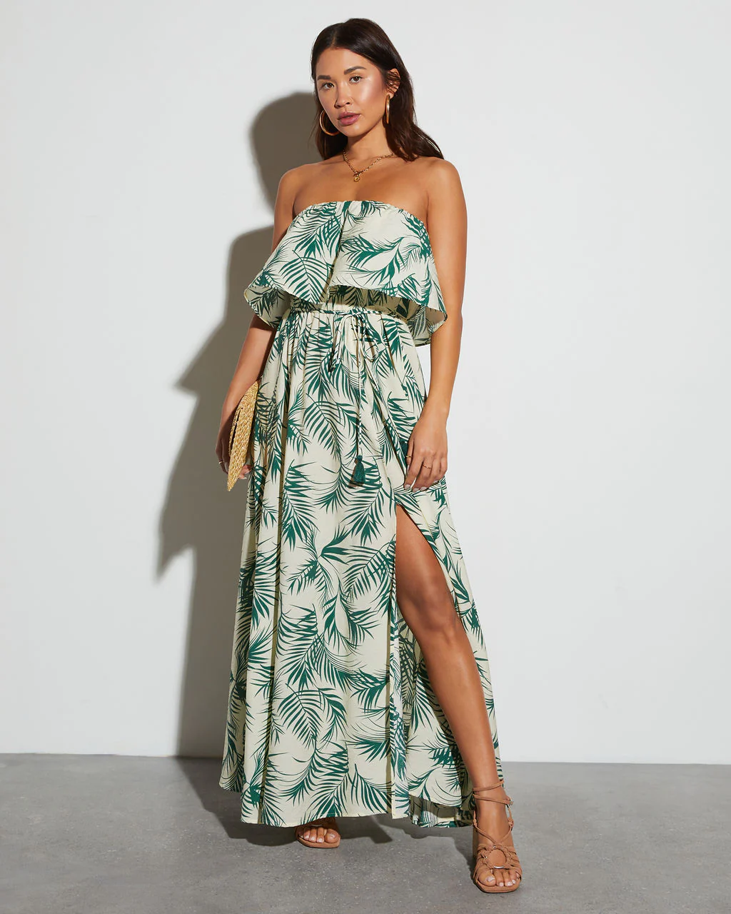 Swaying Palms Strapless Empire Maxi Dress