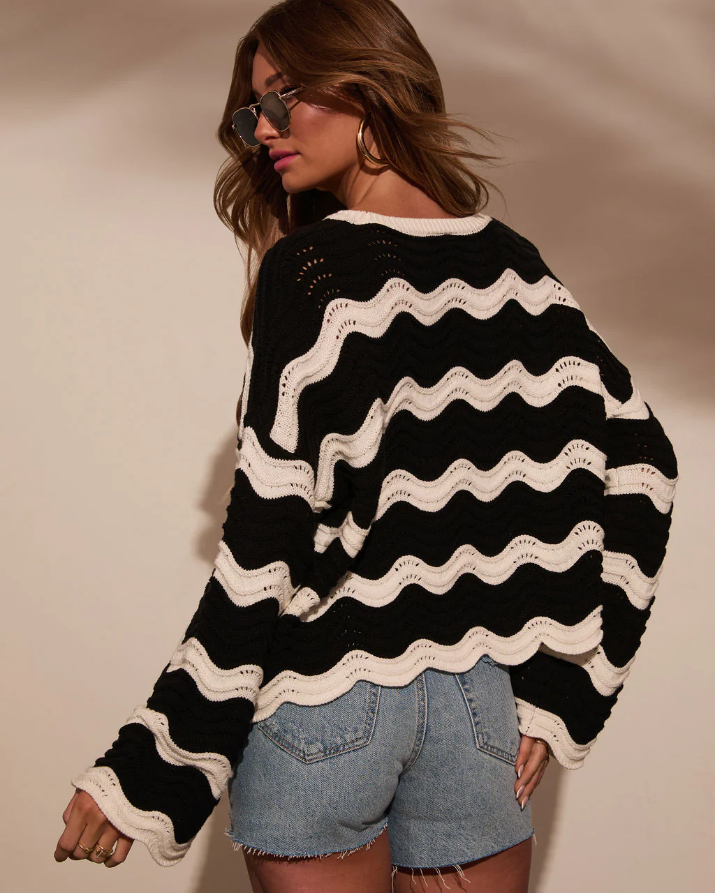 Janerio Wavy Striped Crochet Sweater